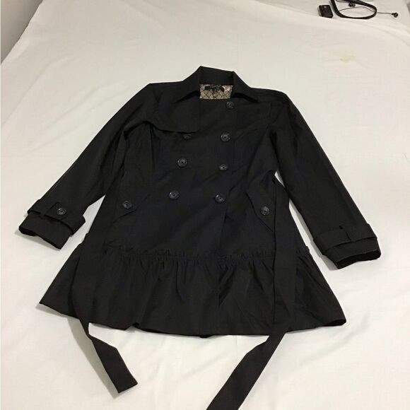 Sandro Studio Black Wrap Coat Double Breast Self Tie Belt Ruffle Hem Large - Picture 10 of 15